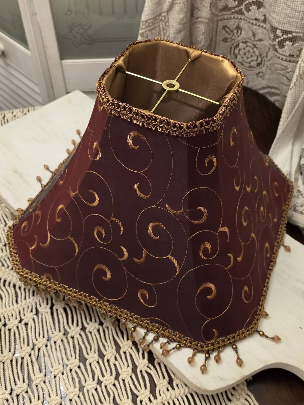 Vintage Victorian Style Burgundy Gold Fabric Square Bell Lampshade Beaded Fringe